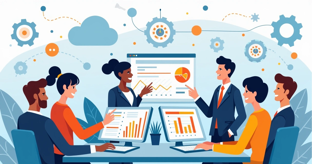 Equipe de vendas usando CRM com dados em telas 