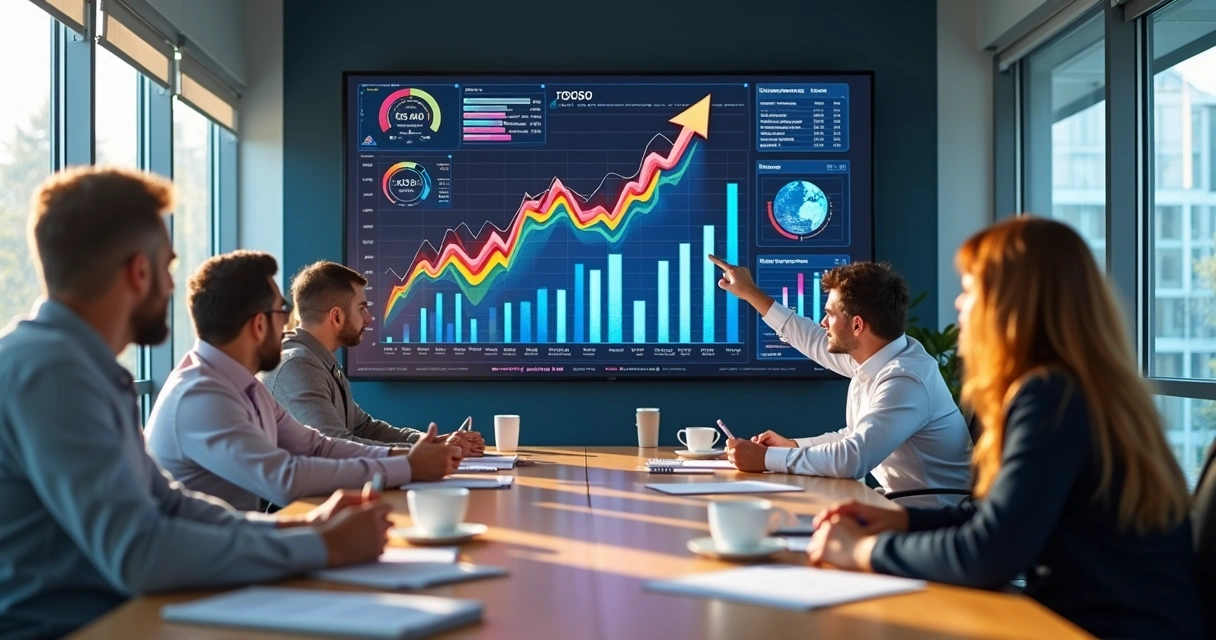 Equipe de vendas analisa painel de indicadores em reunião 