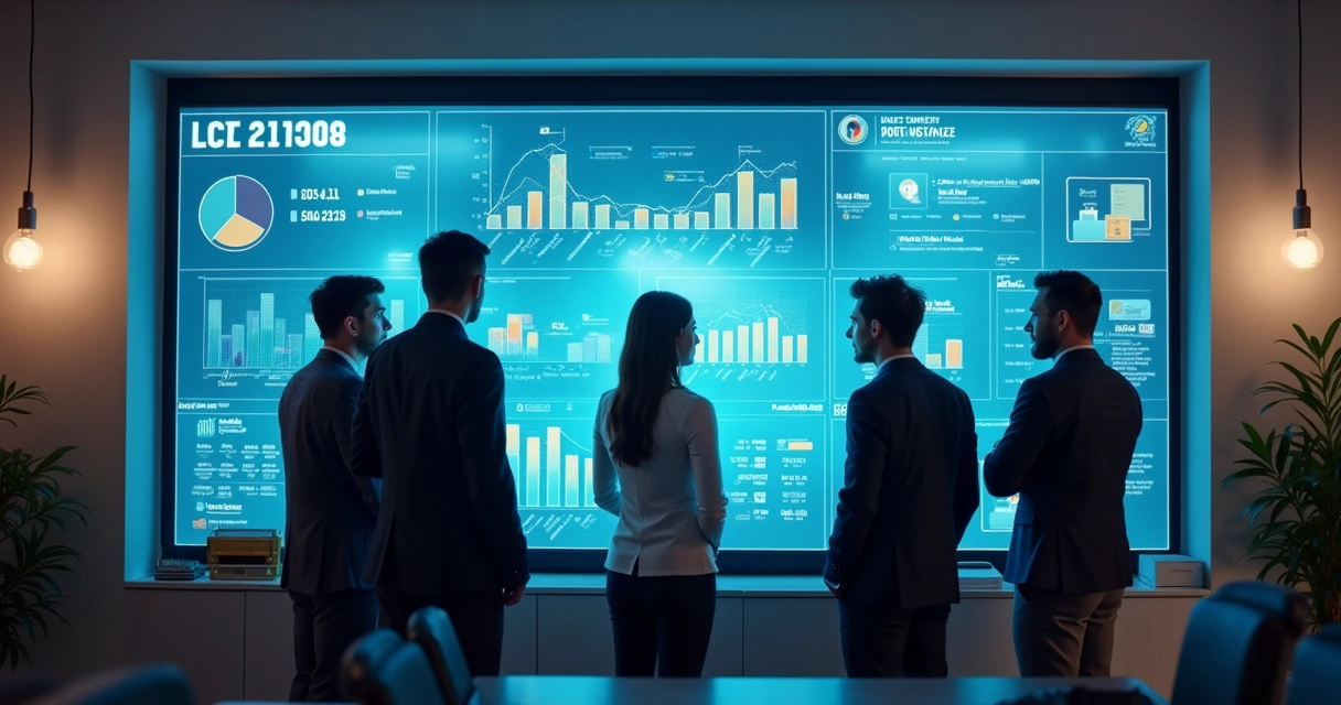 Equipe de vendas reunida, olhando dados em um painel digital com gráficos de discador e CRM