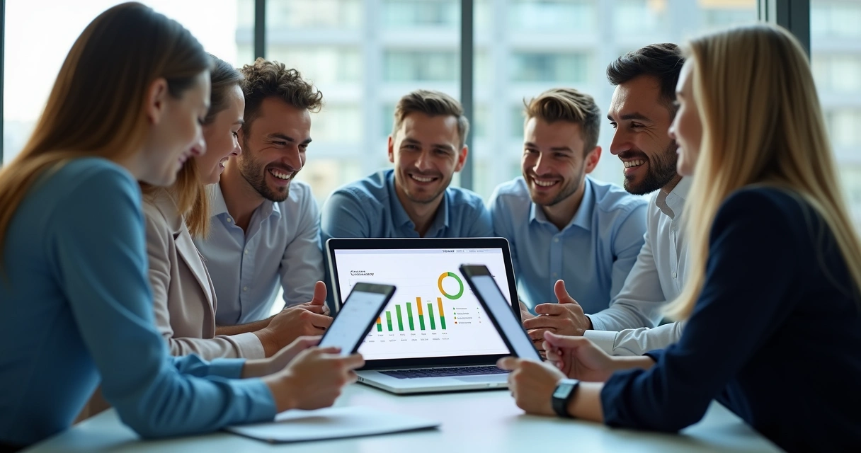 Equipe de vendas analisando pontuação de leads em dispositivos móveis 