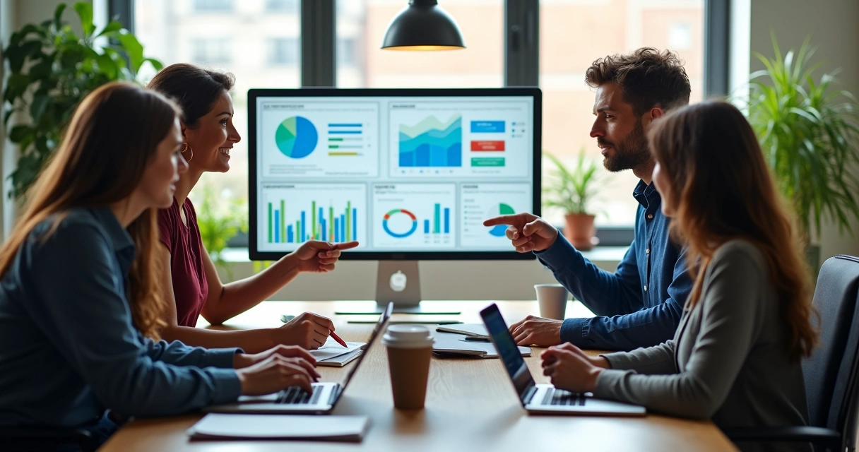Equipe de vendas reunida em escritório moderno analisando dados no computador usando CRM para otimizar prospecção comercial 