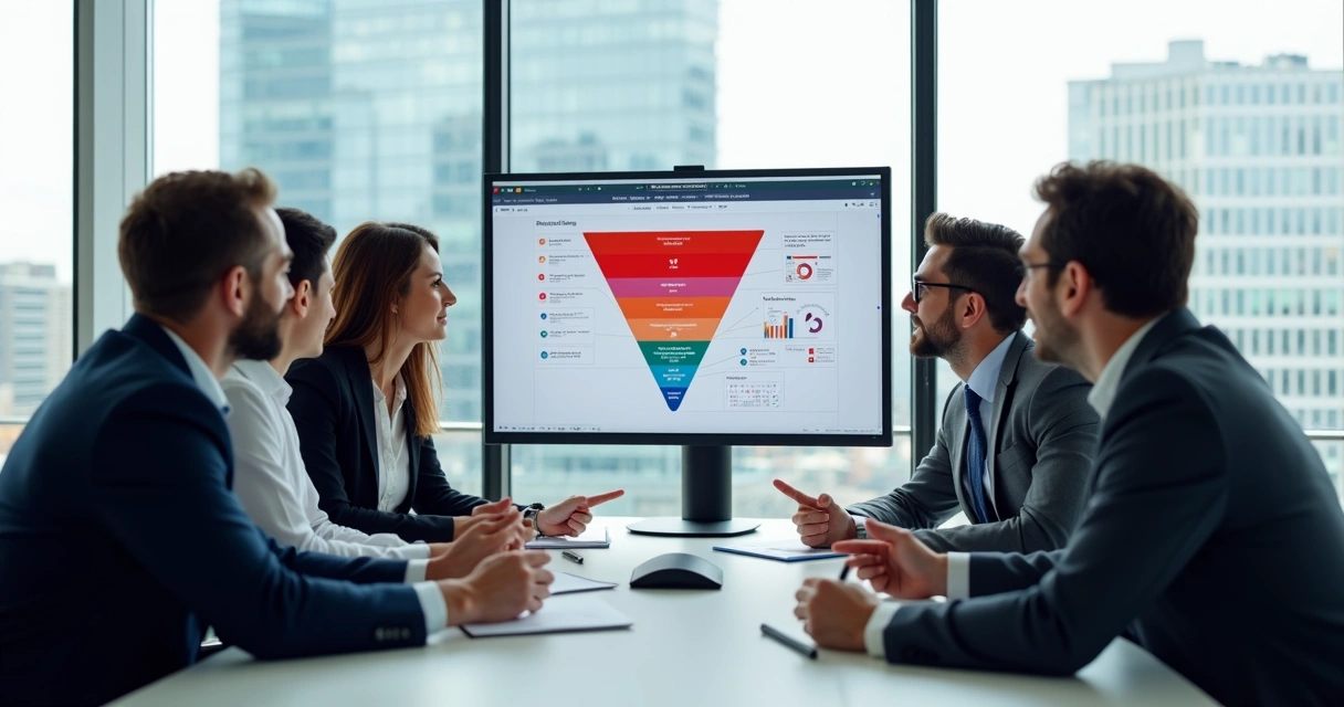 Equipe comercial analisando funil de vendas em tela de CRM 