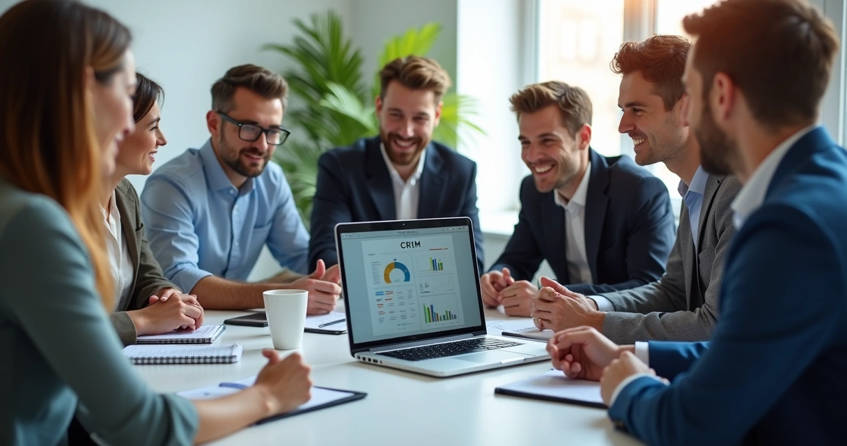 Equipe de vendas reunida ao redor de notebook com CRM na tela 