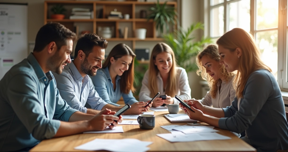 Equipe pequena usando CRM no celular durante reunião de vendas