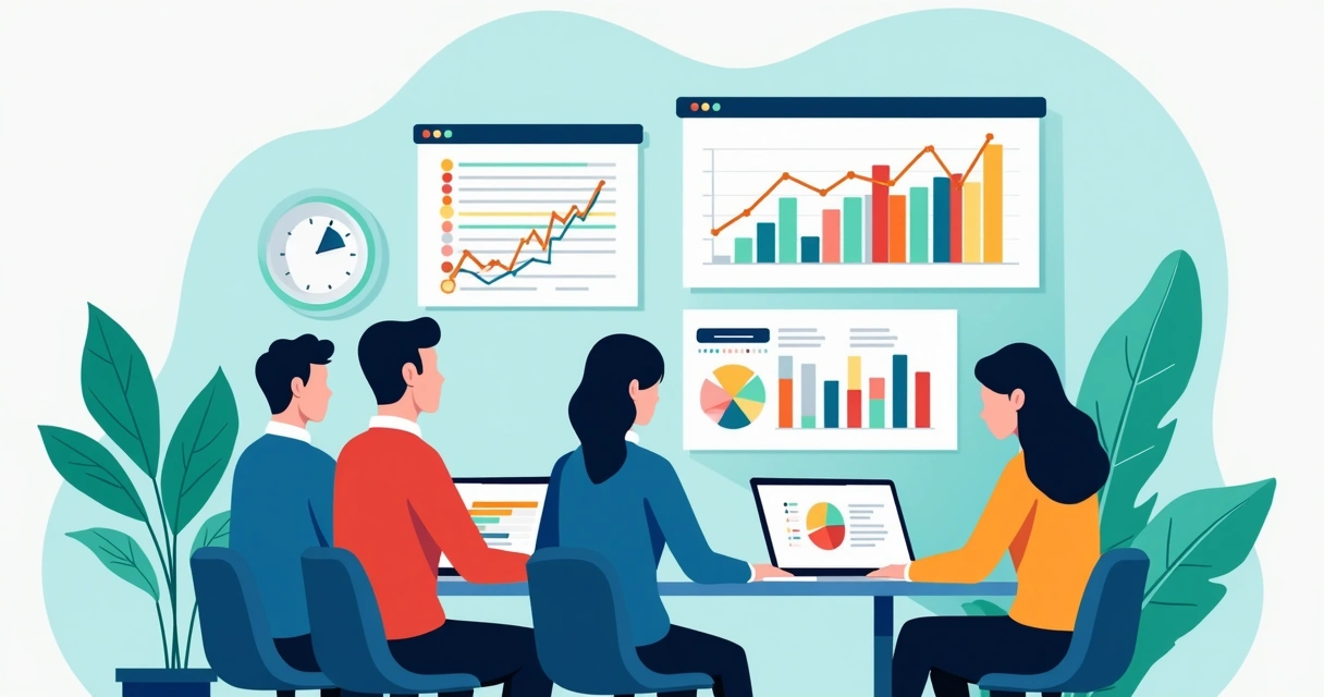 Equipe de vendas usando CRM em laptops e smartphones com gráficos de desempenho ao fundo 