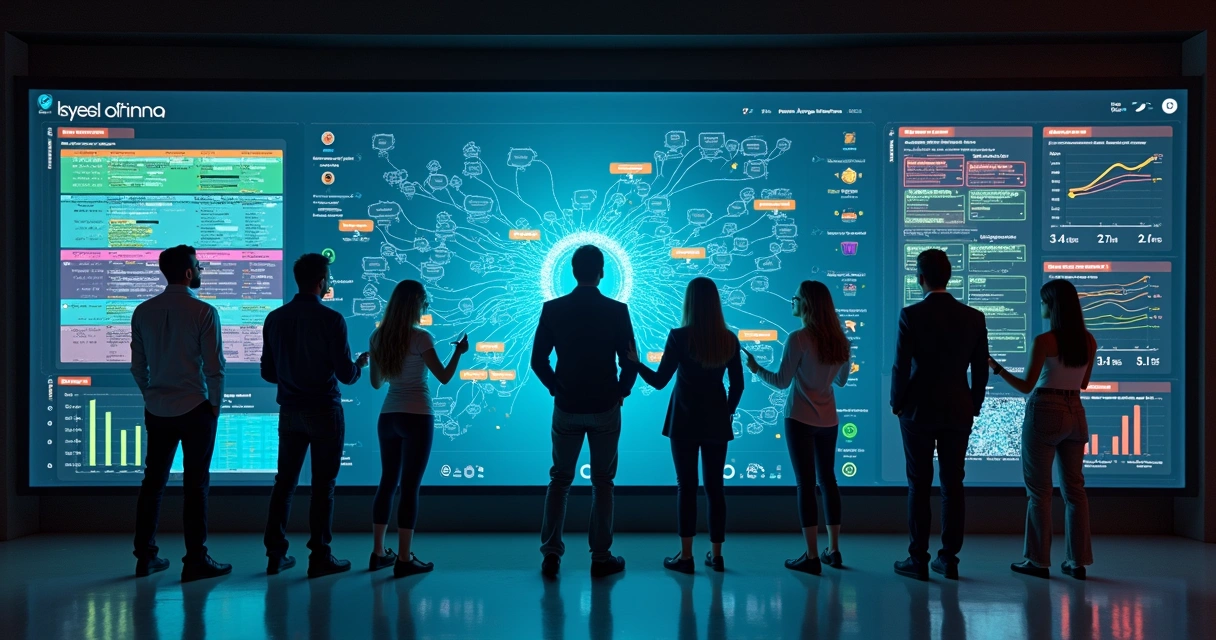 Equipe de vendas analisando mural digital de CRM cheio de dados e conexões 