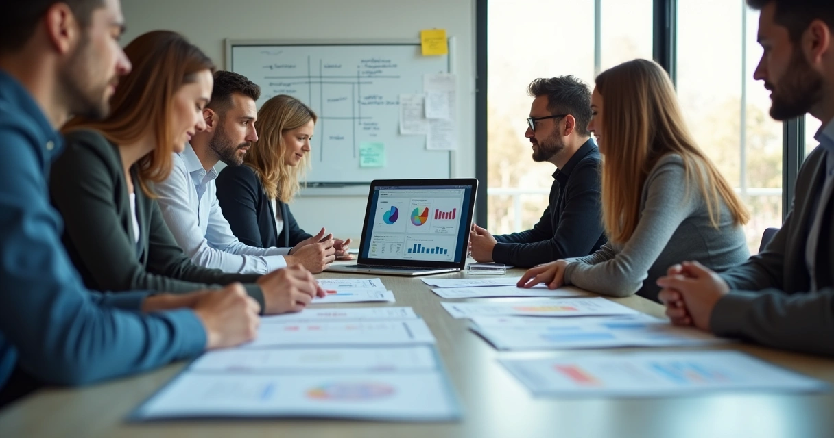 Equipe de vendas reunida analisando dados no escritório