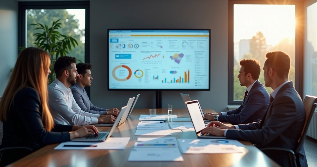 Equipe de vendas analisando dados em telas na sala de reunião 
