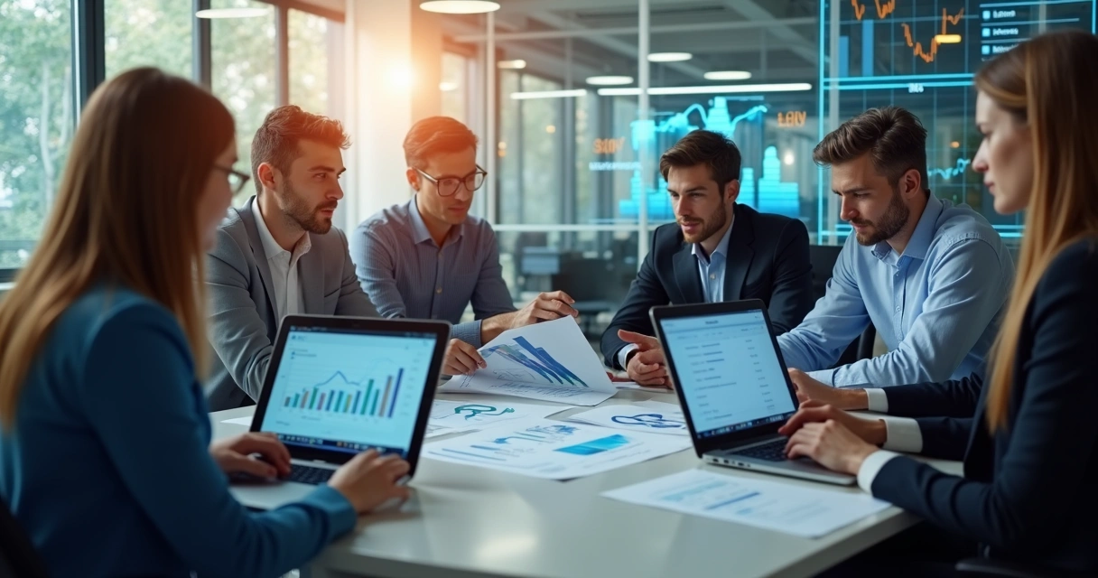 Contatos Empresariais B2B: Como Construir e Enriquecer suas Listas de Leads 2 Equipe de vendas analisando dados e crescimento em uma reunião