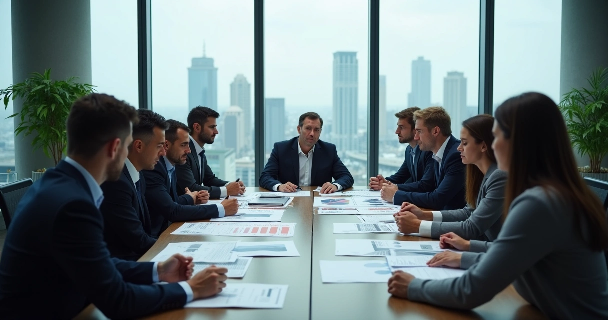 Equipe de vendas reunida com expressões sérias ao redor de uma mesa de reunião. 