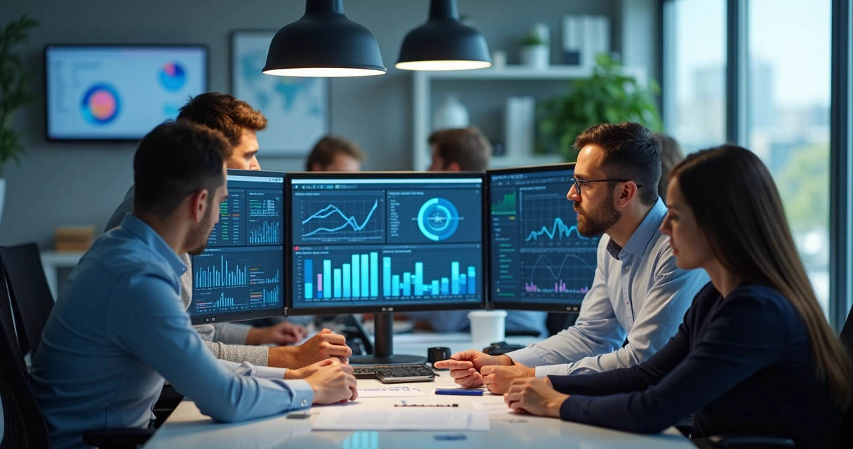 Equipe de vendas analisando dados digitais em telas
