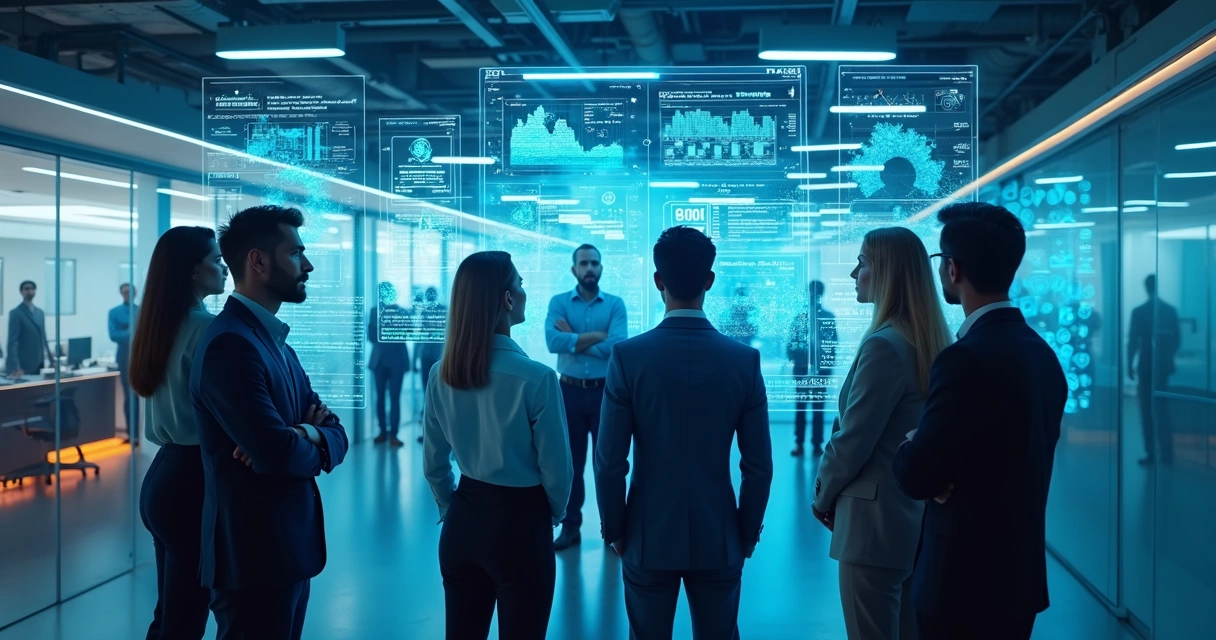 Equipe de vendas digital com painéis futuristas de inteligência artificial 