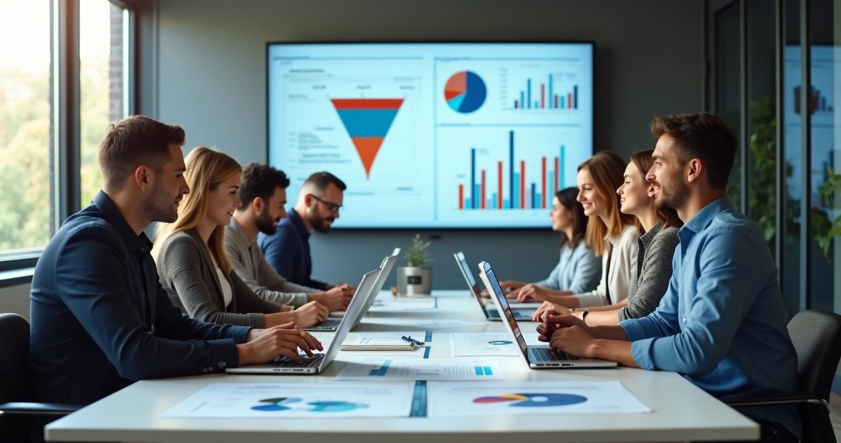 Equipe de vendas e marketing digital reunida em discussão, olhando gráficos de performance e funil de vendas digital na mesa