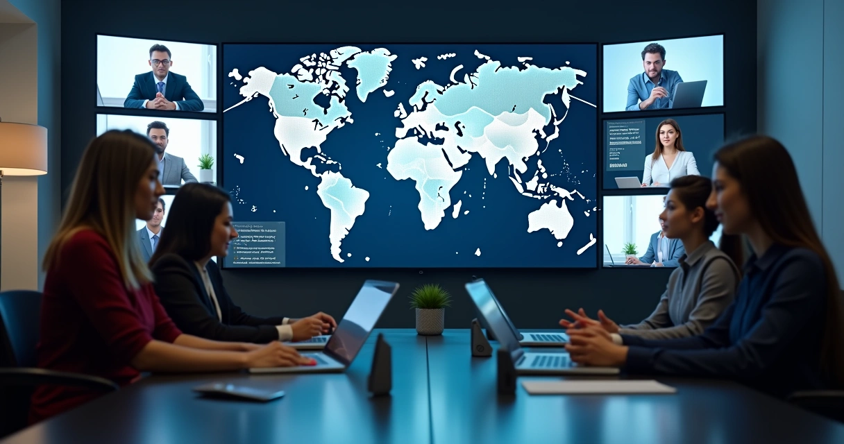 Equipe de vendas digital reunida em videoconferência com mapas mundiais ao fundo 