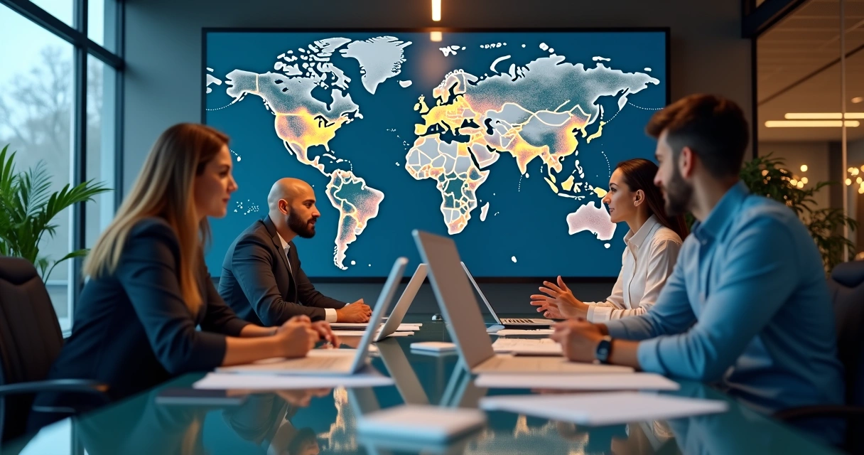 Equipe de vendas e operações discutindo logística utilizando computadores 