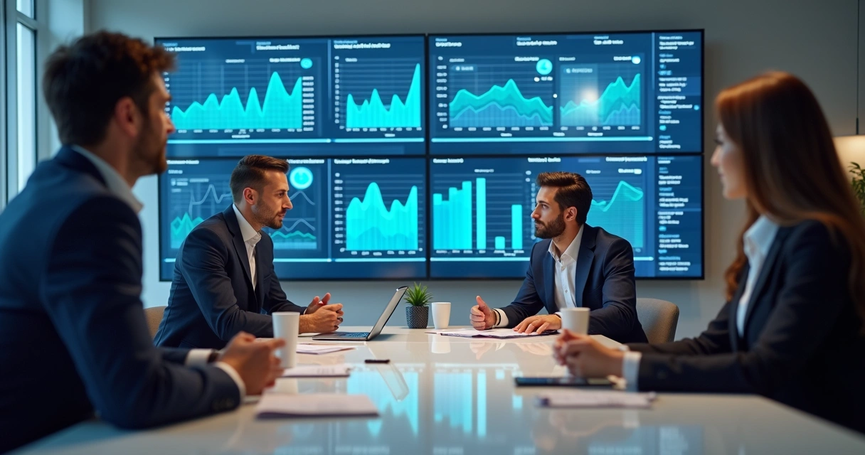 Equipe comercial analisando gráficos de métricas de vendas em uma sala de reunião 