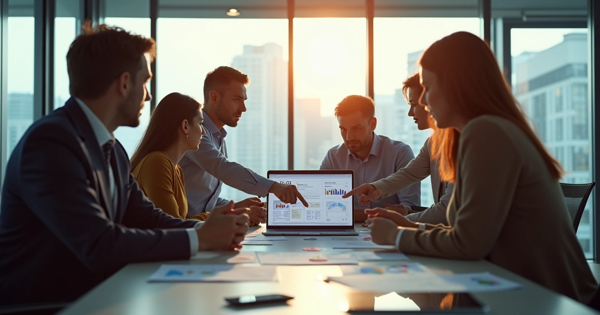 Equipe de vendas em reunião analisando fluxo de processos em uma mesa de escritório; 