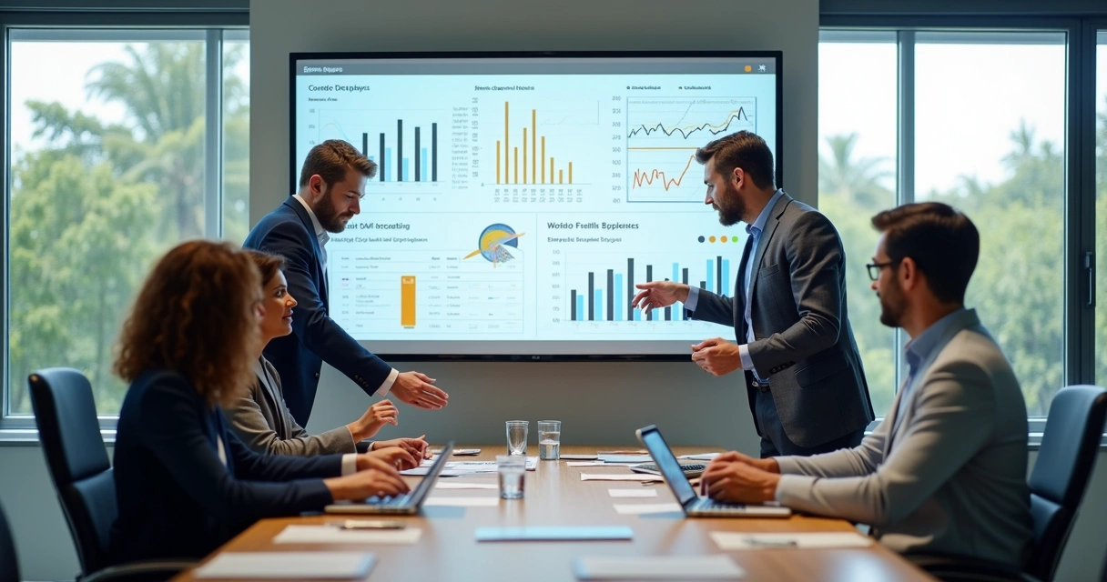 Equipe em reunião planejando metas de vendas 