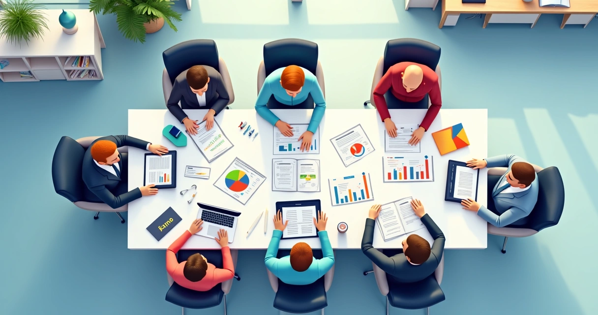 Equipe de vendas ao redor de mesa planejando vendas com gráficos e catálogos