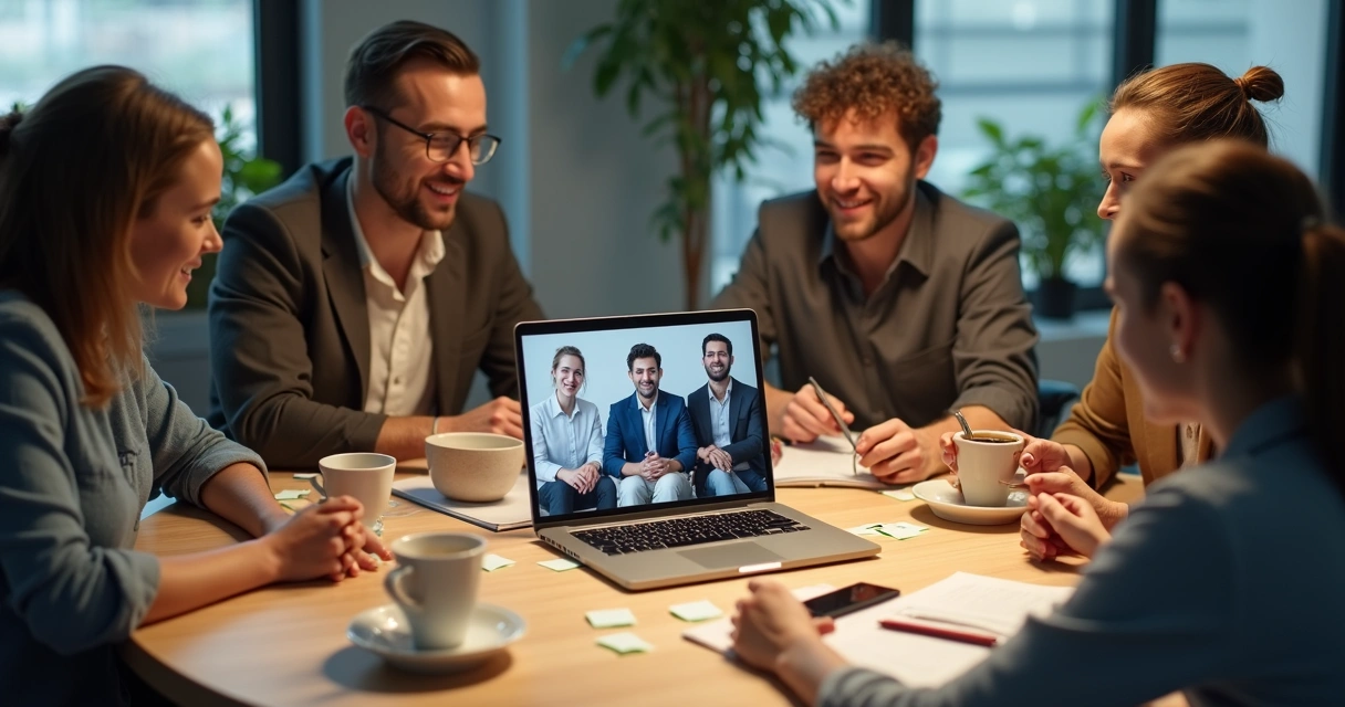Equipe pequena de vendas reunida ao redor de uma mesa discutindo clientes em um notebook 