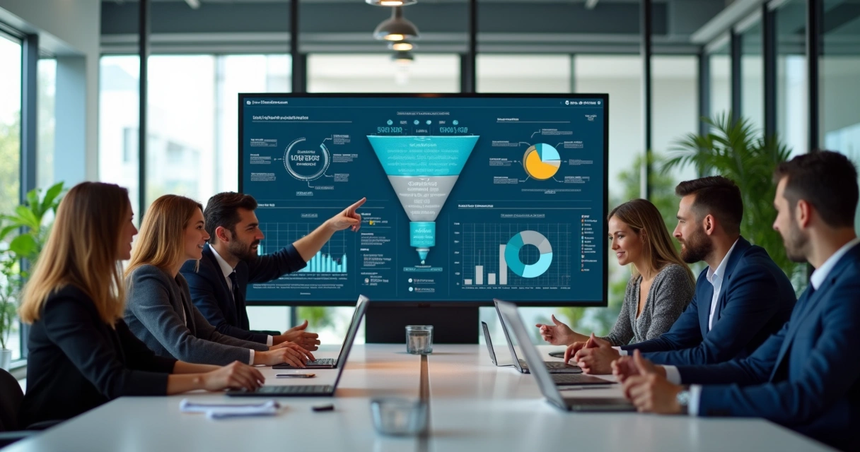 Equipe de vendas reunida analisando dados em telas de um sistema ERP 