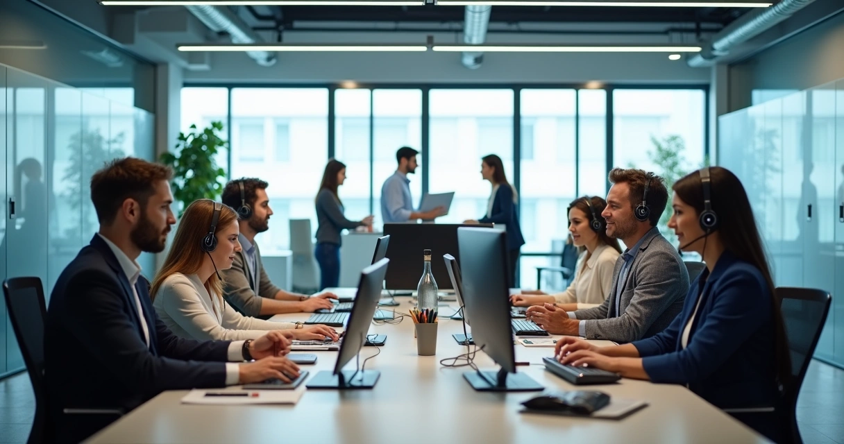 Equipe de vendas dividida em funções diferentes, trabalhando lado a lado em um escritório moderno 