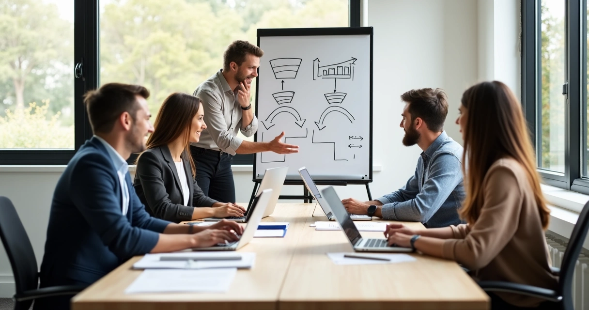 Equipe definindo estratégias de vendas em mesa de reunião 