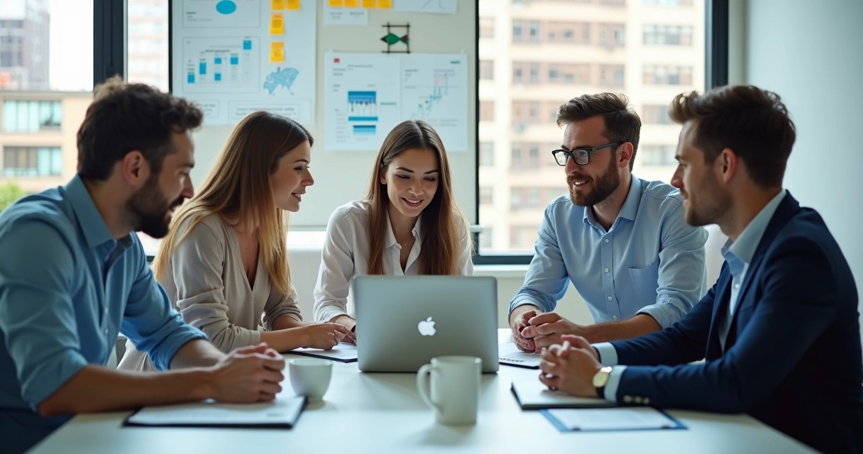 Equipe comercial analisando planilha de prospecção no notebook 