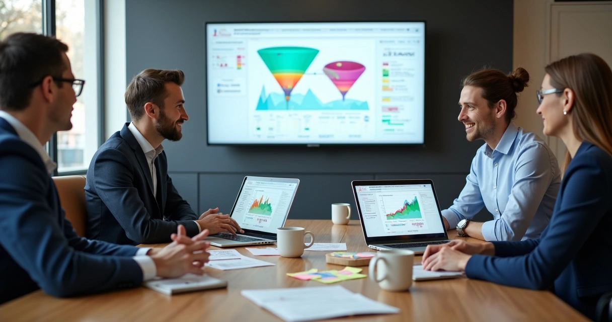 Equipe comercial em sala de reuniões monitorando funil de vendas em telas de notebook 