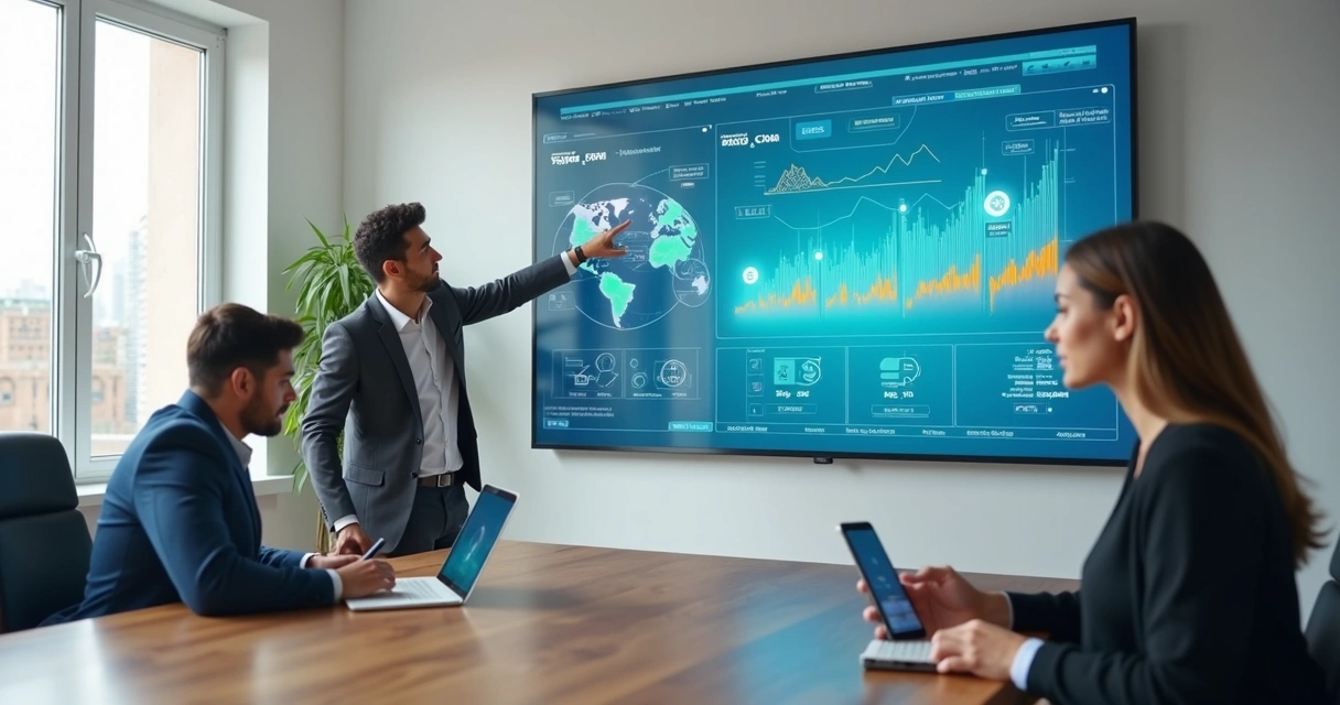 Equipe de vendas B2B analisando painel com ferramentas de prospecção digitais 