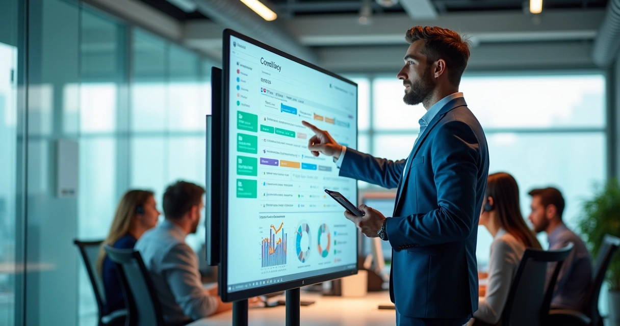 Gestor de vendas acompanhando funil de follow up em tela de CRM com equipe ao fundo 