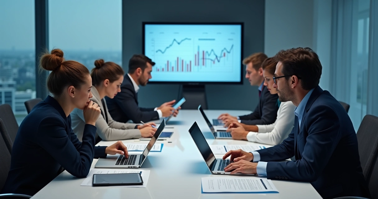 Equipe de vendas frustrada analisando leads anônimos em uma mesa de reunião 