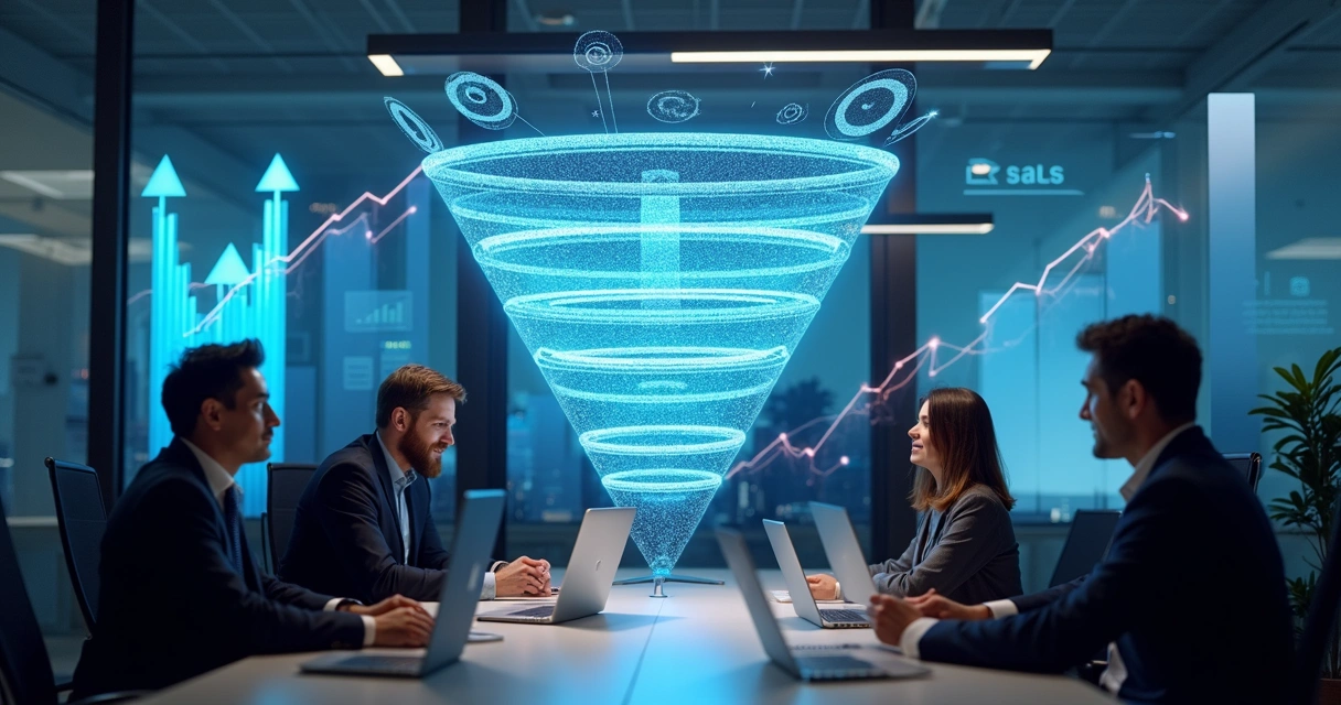 Equipe de vendas B2B dividida em funções ao redor de um funil de vendas 
