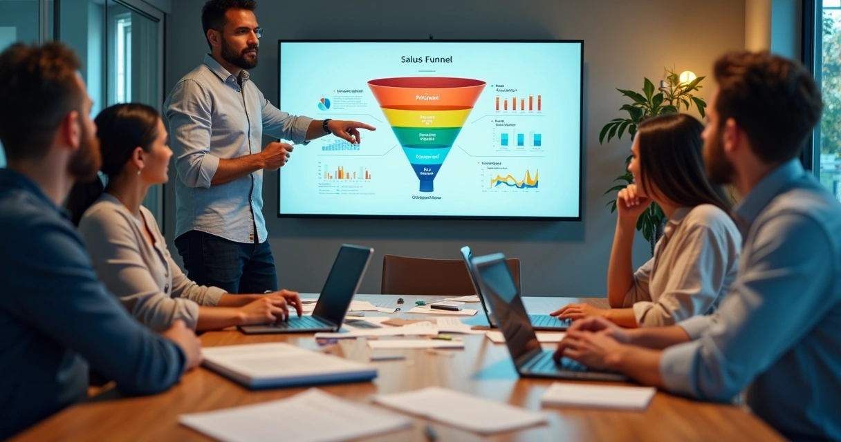 Equipe de vendas em reunião analisando funil de vendas em tela de computador 