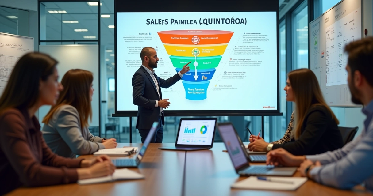 Gestor apresentando funil de vendas em tela para equipe comercial em reunião 