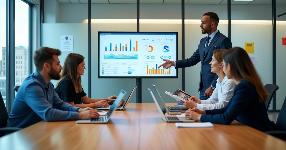 Equipe de vendas híbrida em reunião olhando painel digital com dados de clientes 