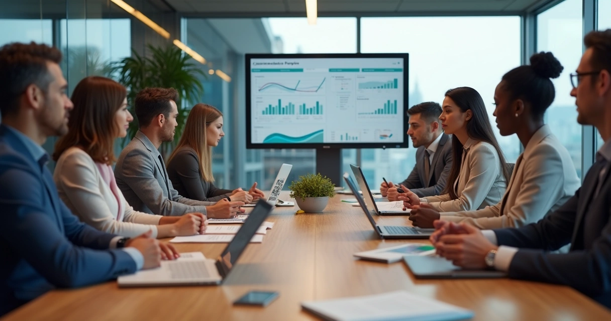 Equipe de vendas híbrida reunida em sala com tecnologia e materiais físicos 