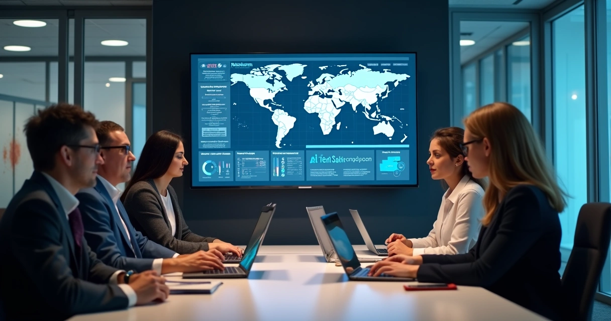 Equipe comercial acompanhando alertas de IA em ambiente corporativo