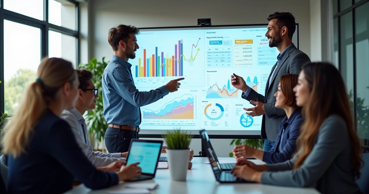 Equipe de vendas em reunião usando painel digital de análise de dados 
