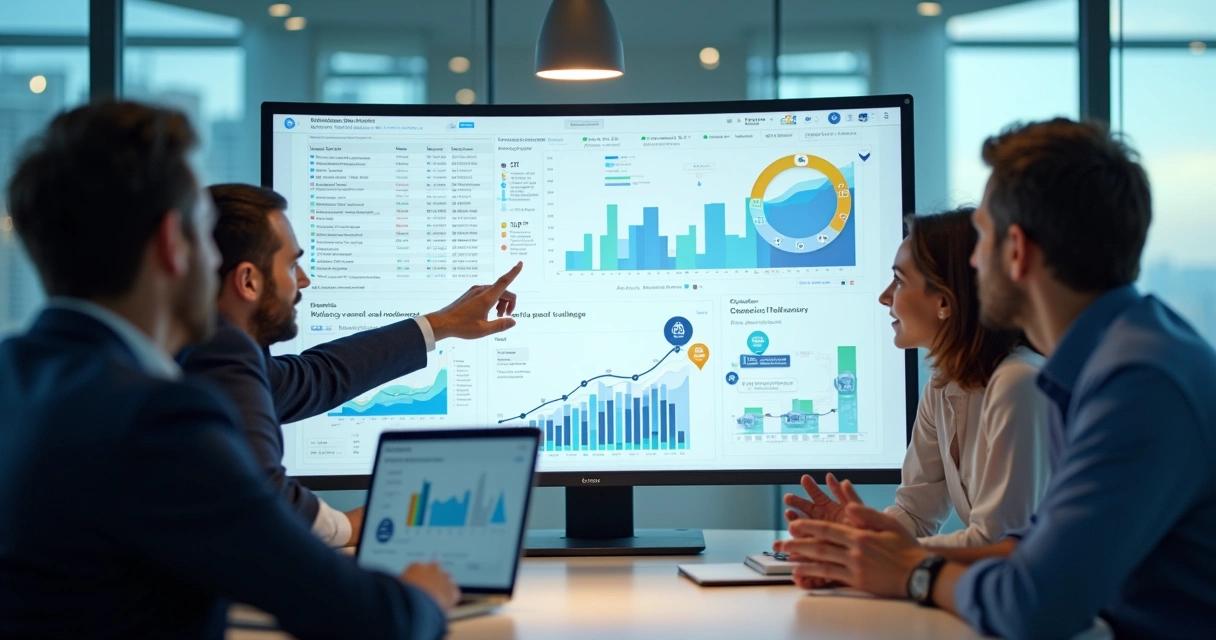 Equipe de vendas analisando painel com dados e IA em escritório moderno 