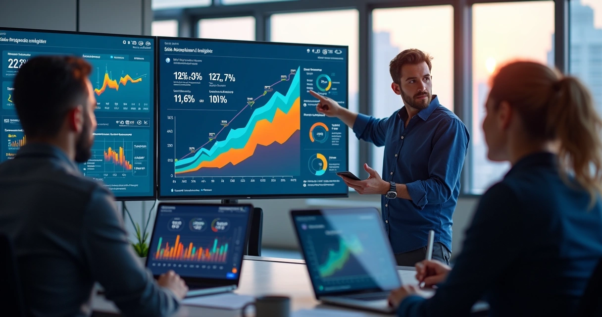 Equipe de vendas analisando dados de IA em ambiente empresarial 