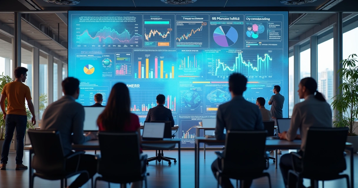 Equipe de vendas reunida com gráficos e IA em ação no escritório 