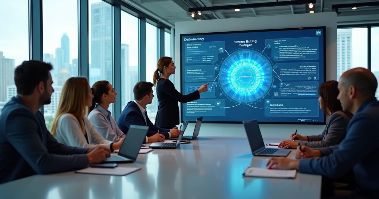 Treinamento de equipe comercial com IA em telão 