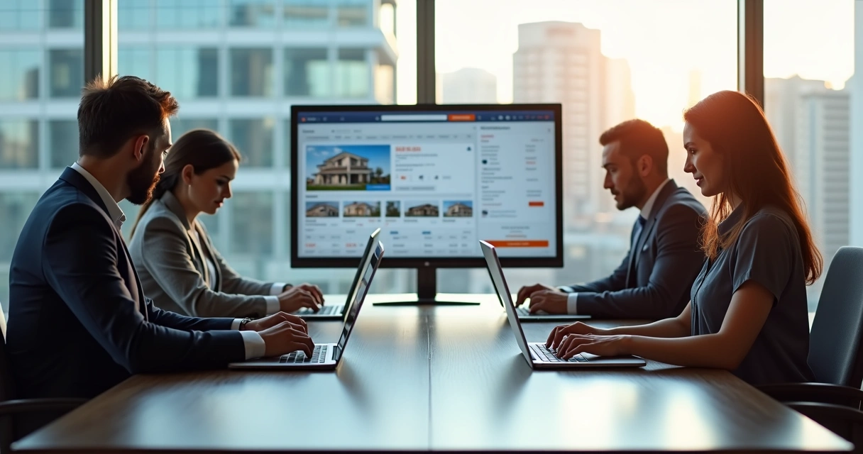Equipe de vendas imobiliária usando notebooks e apps 
