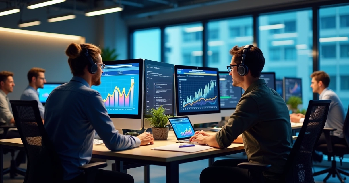 Equipe de vendas B2B trabalhando com tecnologia e automação em escritório moderno 