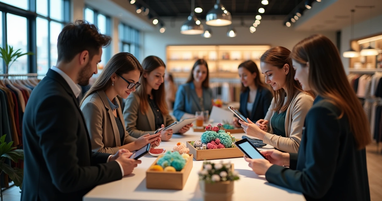 Equipe de vendas alinhada com tablets e smartphones em loja 