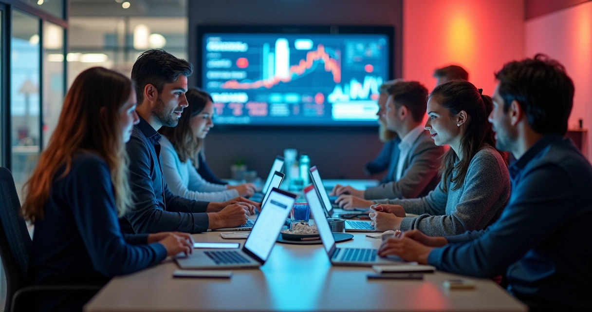 Equipe de vendas ao redor de uma mesa com telas mostrando dados de diferentes canais 