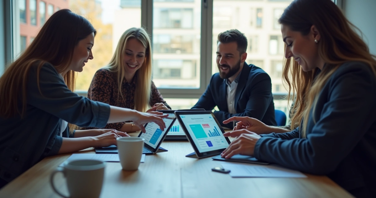 Equipe de vendas reunida ao redor de mesa usando tablet com IA 