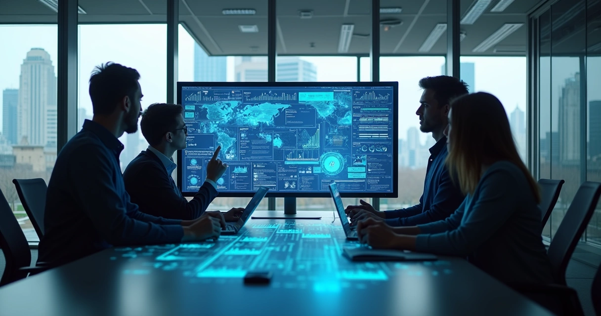 Equipe comercial analisando dados em dashboards cercados por elementos digitais e gráficos 