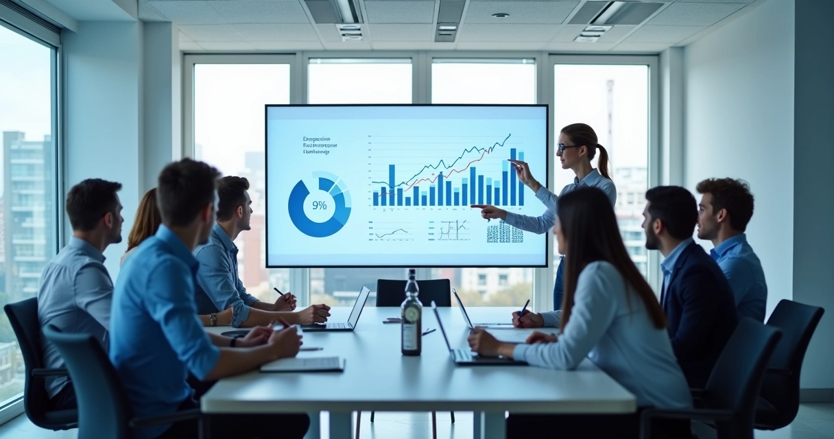 Equipe de vendas em reunião analisando gráficos digitais 